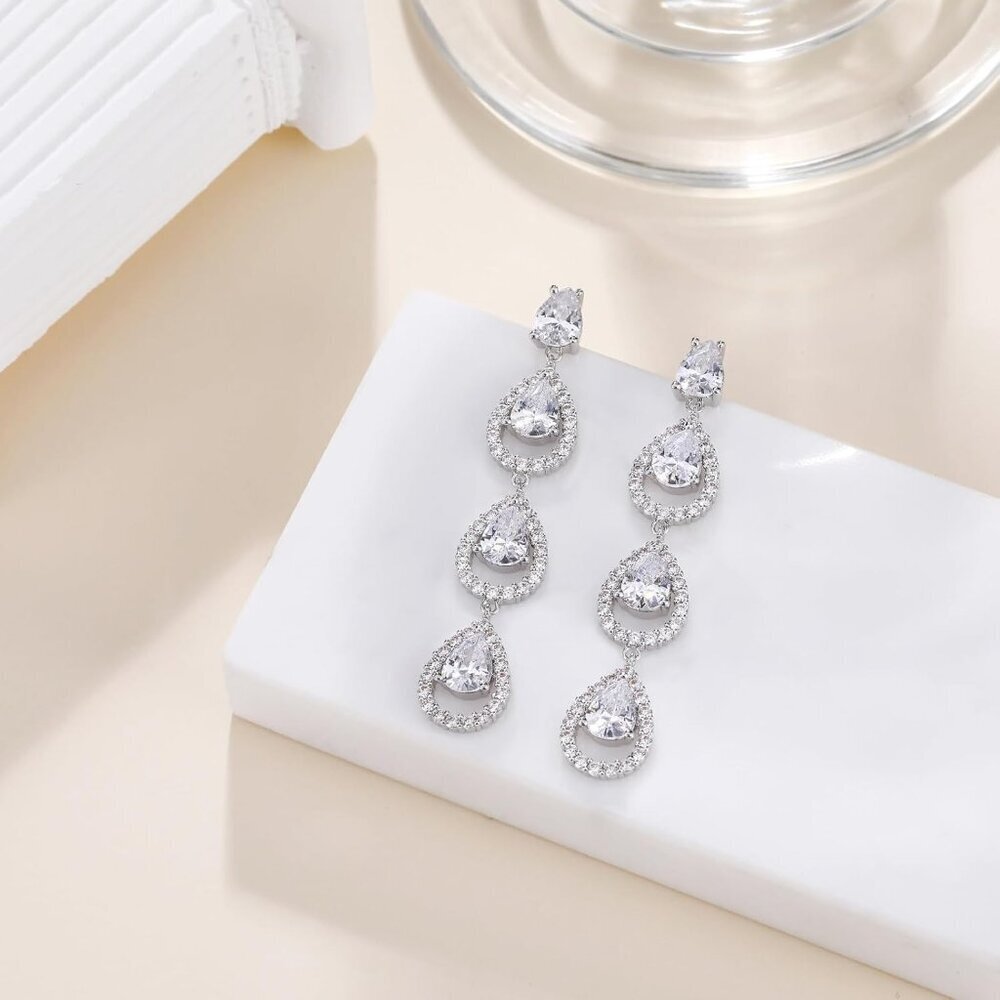 Sterling Silver Dangle Earrings Cubic Zirconia Wedding Bridal Jewelry - Picture 5 of 6